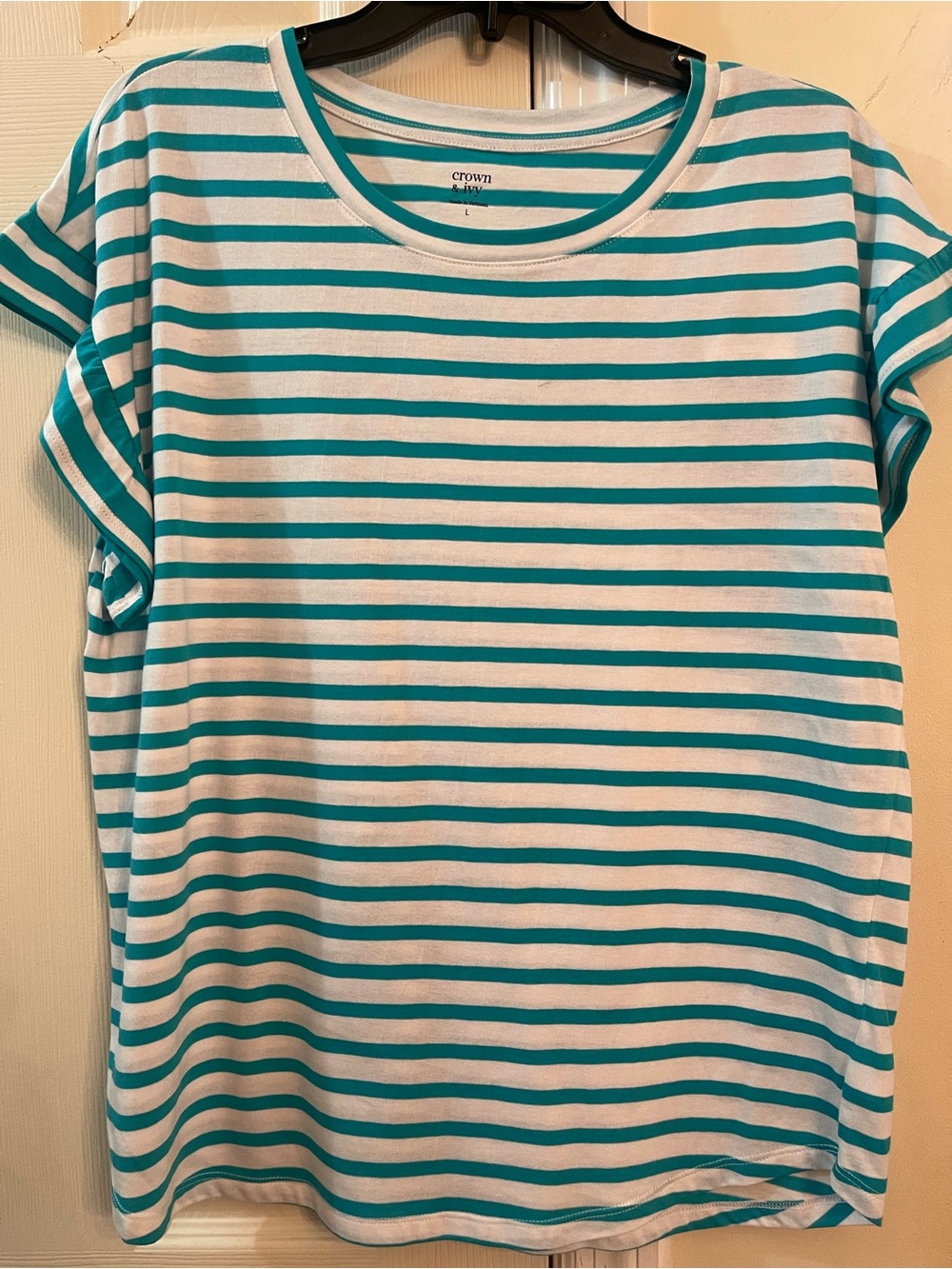crown & ivy Teal and White Striped Short Sleeve Tee